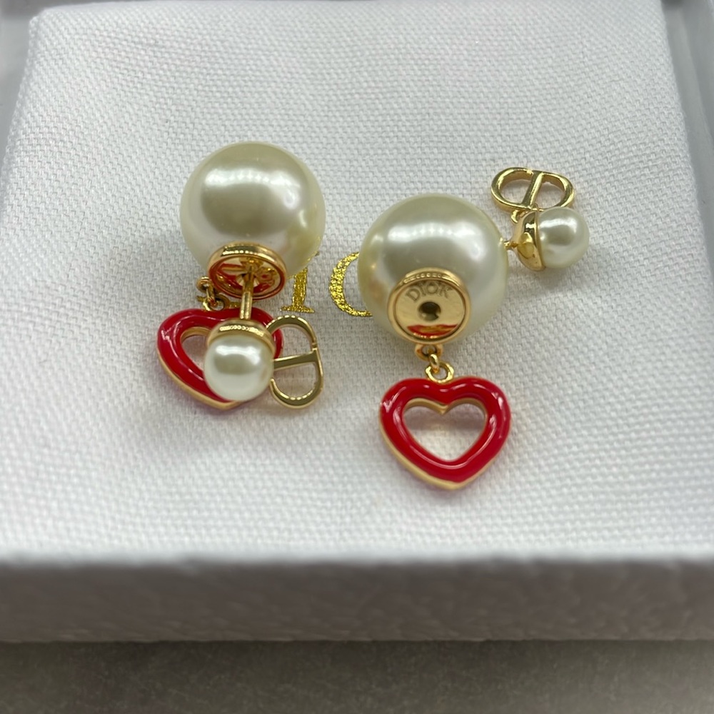 CHRISTIAN DIOR Pearl Heart Tribal Dioramour Earrings Gold Red Authentic - Picture 4 of 7